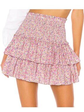 Petersyn Asia Tiered Smocked Floral Mini Skirt Cottagecore Boho Pacific Large